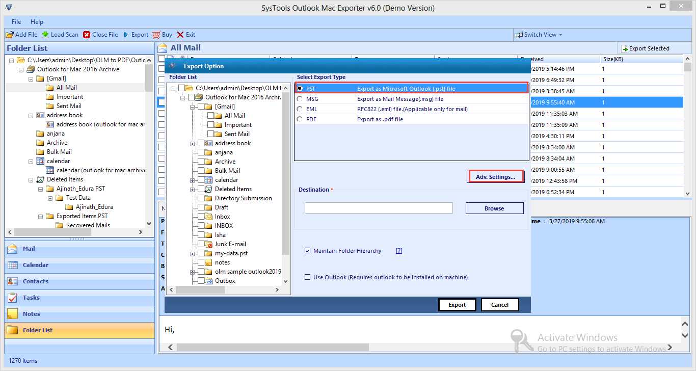 Select file format to Save OLM to PST file